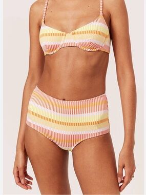 SOLID & STRIPED Pink, Yellow & Cream Striped High-Waist Bikini